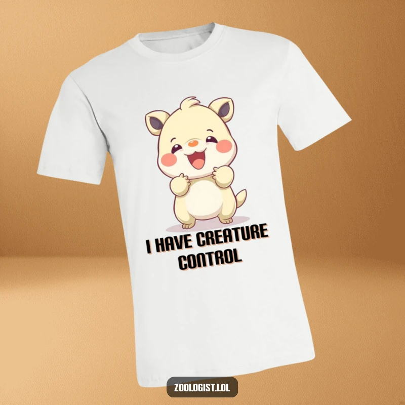 Funny t-shirt depicting a character tenderly interacting with a bouncy, playful creature, showcasing a gentle and calming presence.
