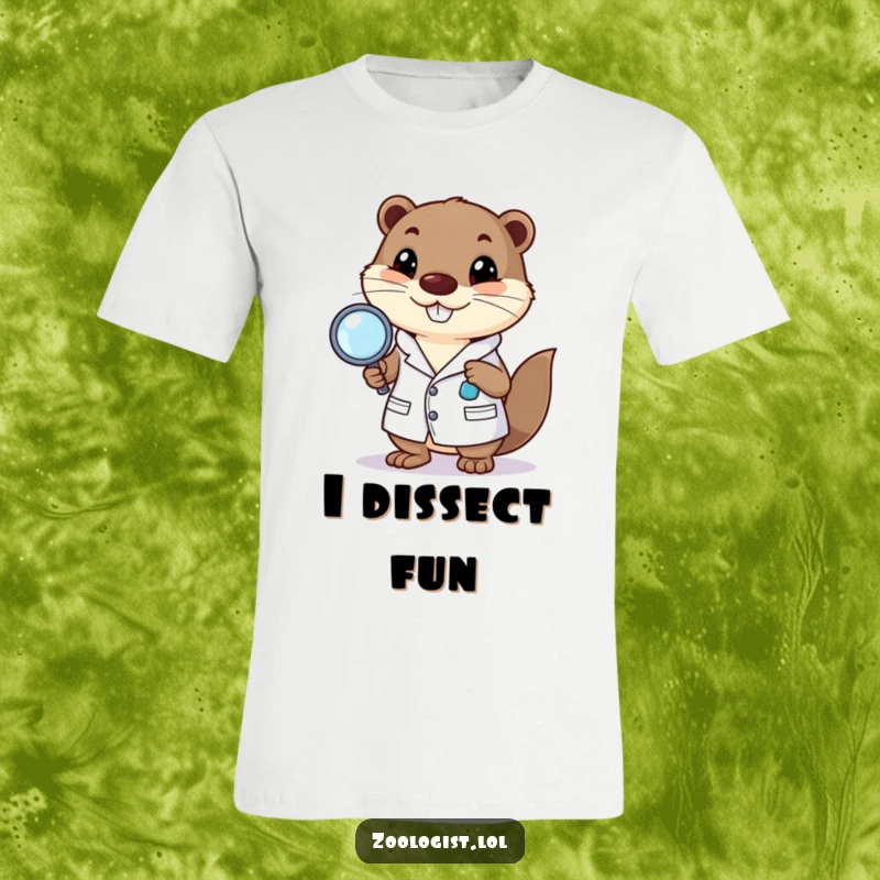 Funny t-shirt with a happy otter character in a lab coat examining something with a magnifying glass, funny gift.