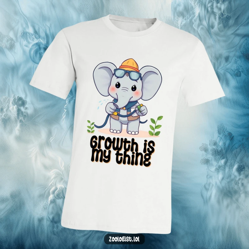 Funny Kawaii Elephant Zoologist T-Shirt: A cheerful elephant zoologist gently waters a plant, radiating happiness and care.
