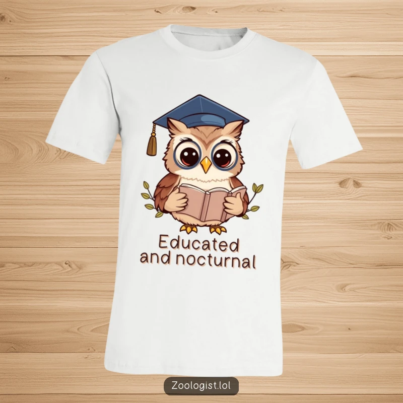 Funny Kawaii Owl Zoologist T-Shirt: A studious owl in a graduation cap reads a book, ideal for funny scholar apparel.