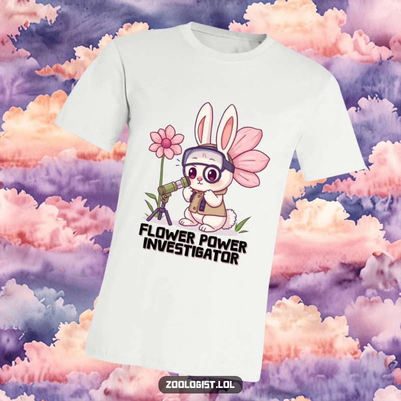 Funny Kawaii Rabbit Zoologist T-Shirt: A determined bunny zoologist examines a massive flower, radiating focus and a love for botanical discoveries.