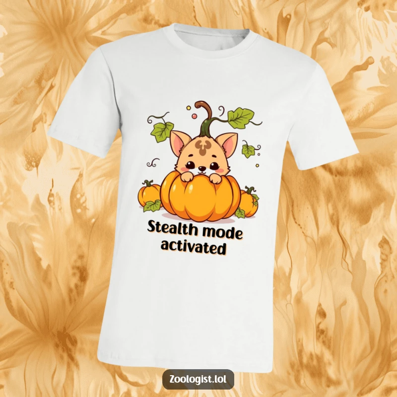 Funny t-shirt with a mischievous animal character expertly hiding behind a lush potted plant, showcasing a humorous and stealthy moment.