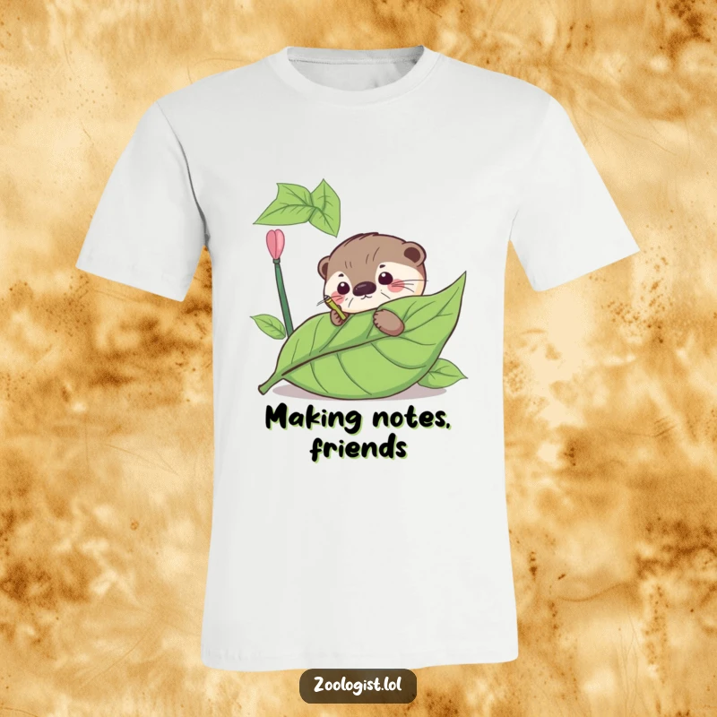 Funny t-shirt featuring a curious otter intently annotating a large leaf, celebrating intellectual pursuits with humor.