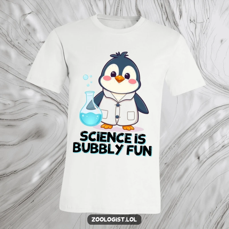 Funny happy penguin character in a lab coat, surprised by a bubbling beaker, on a humorous t-shirt, great gift.
