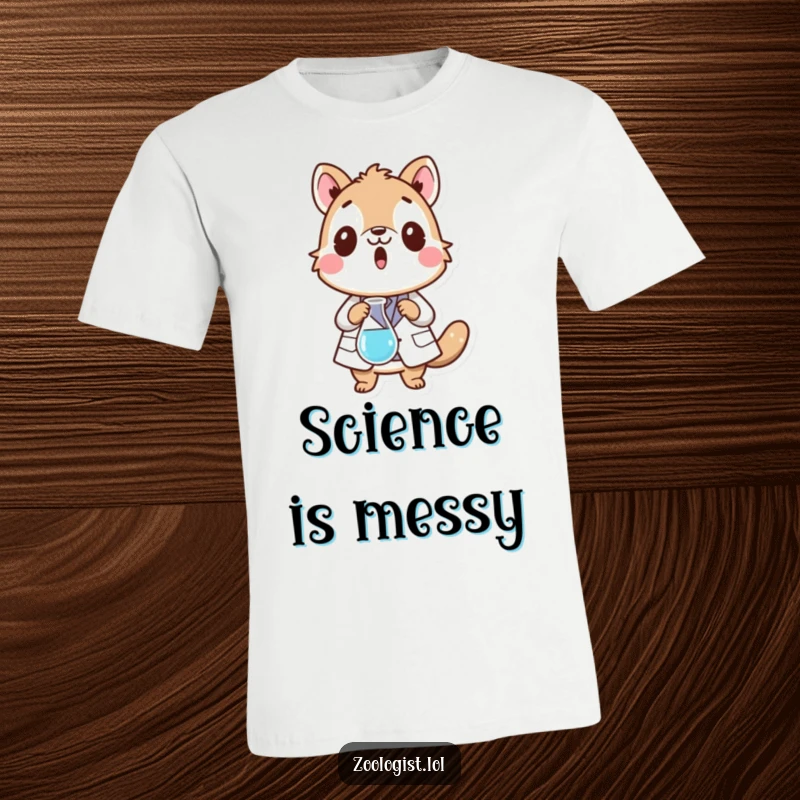 Funny t-shirt with a surprised animal character in a lab coat dropping a beaker, celebrating scientific accidents with humor.