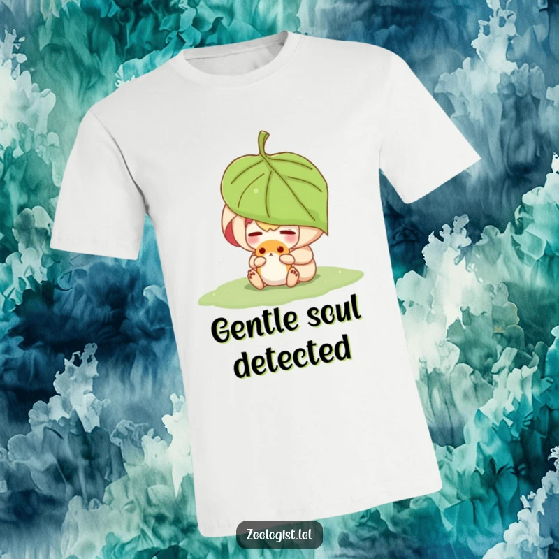 Funny character gently sheltering a small animal beneath a large leaf, depicted on a comfortable t-shirt.