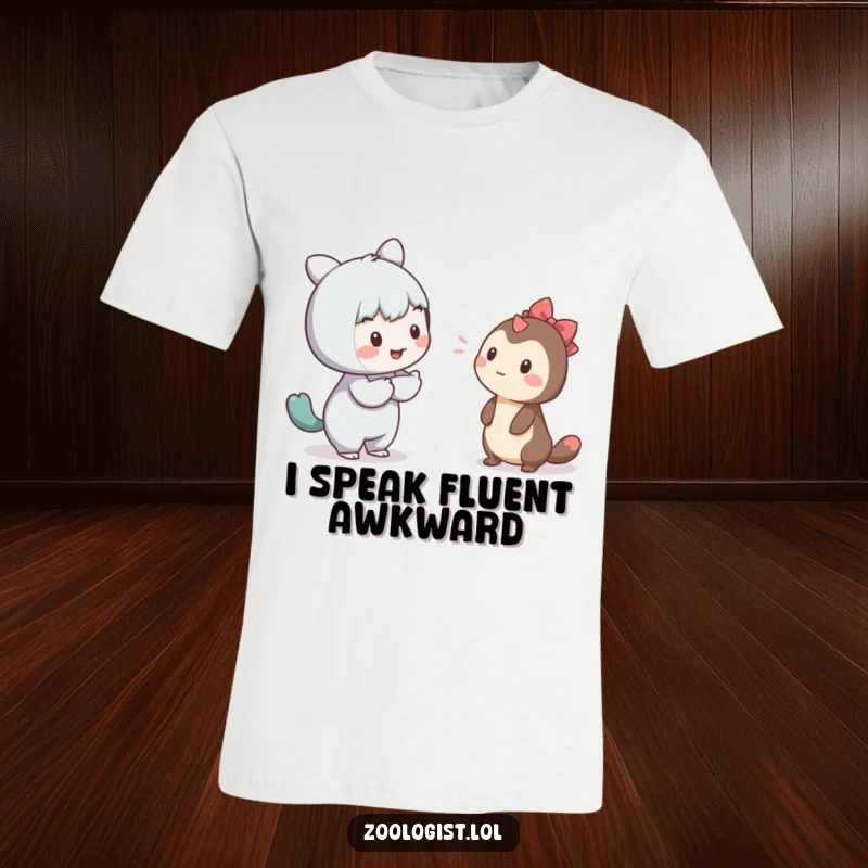 Funny t-shirt illustration of a character kindly attempting to communicate with a timid, hidden creature, conveying empathy.