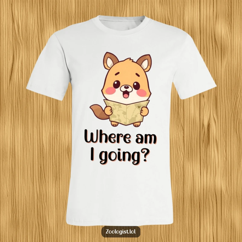 Funny t-shirt of a cute animal character with wide, surprised eyes staring at a map, conveying a moment of hilarious bewilderment.