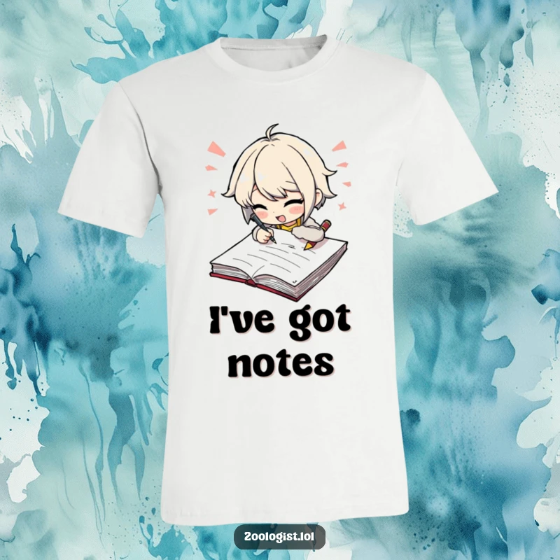Funny t-shirt depicting an excited character scribbling furiously in a notebook, ideal for writers and idea generators. A humorous apparel gift.