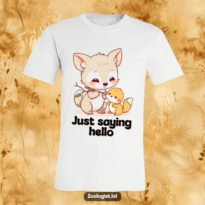 Funny T-Shirt: Curious animal character gently nudges a small creature with a twig, embodying friendship and care.