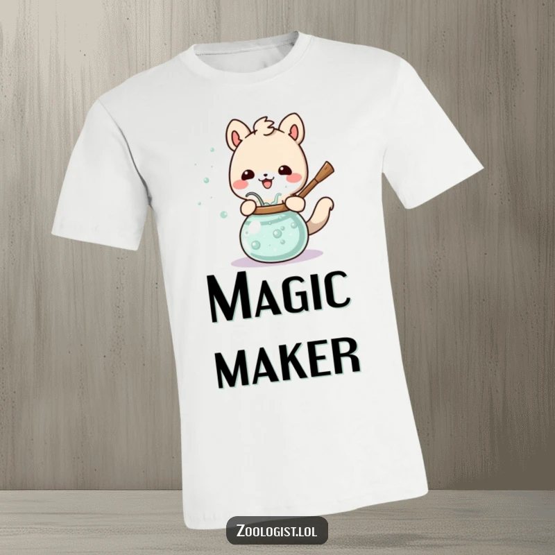 Funny Cute Animal T-Shirt Happily Stirring a Bubbling Potion, Ideal for Magic Enthusiasts.