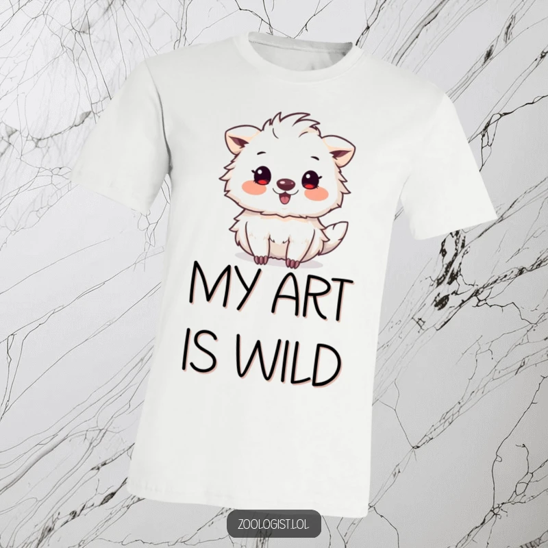 Funny t-shirt featuring a cute animal character joyfully sketching a wonderfully strange and delightful new creature, showcasing artistic inspiration.
