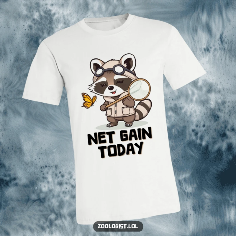 Funny Kawaii raccoon zoologist character chasing a butterfly with a net, a humorous and adventurous t-shirt for nature lovers.