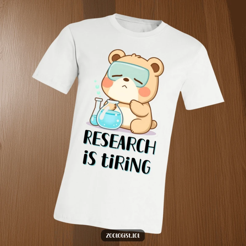 Funny Kawaii bear zoologist character yawning near a bubbling beaker, a humorous and relatable t-shirt for lab professionals.