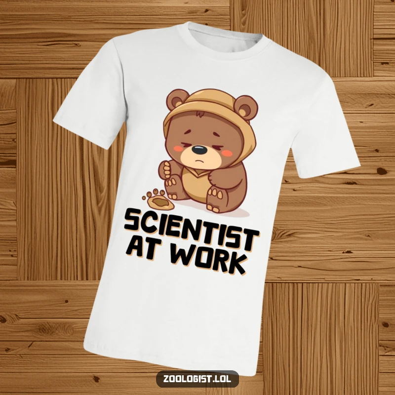 Funny t-shirt featuring a contemplative bear zoologist intently studying a large footprint, embodying a humorous sense of scientific inquiry and discovery.
