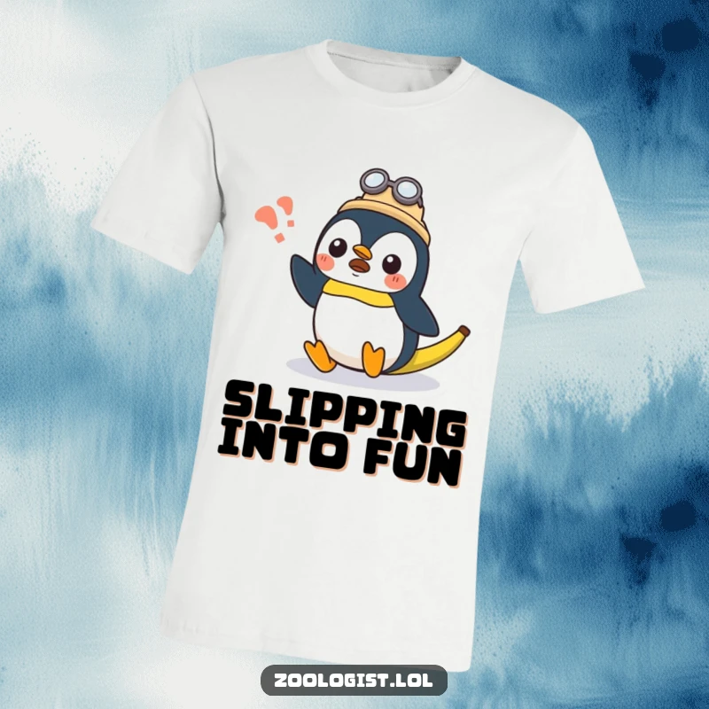 Funny surprised Kawaii penguin zoologist character slipping on a banana peel, comedic t-shirt for fans, funny gift.