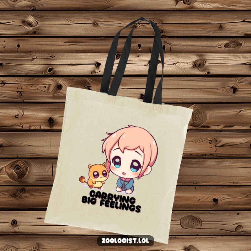 Funny tote bag showcasing a character with large, amazed eyes fixated on a very small creature, emphasizing delightful surprise.