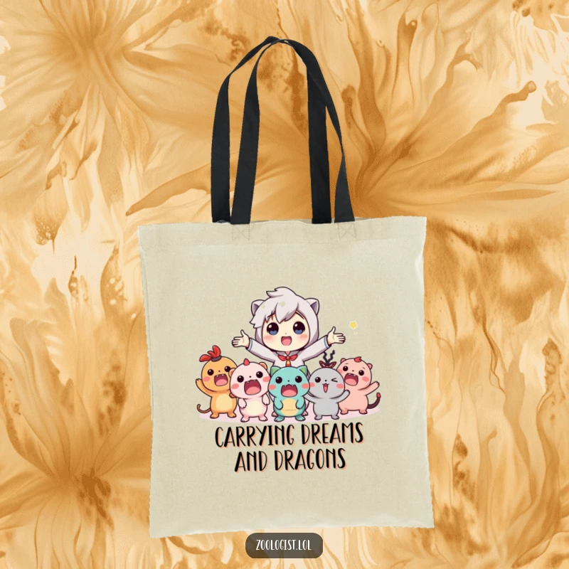 Funny tote bag featuring a character gesturing wildly to a thrilled audience of imaginary, whimsical creatures, perfect for carrying essentials.