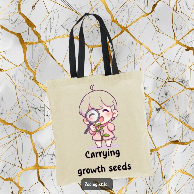 Funny tote bag with a character examining a plant with a magnifying glass, designed for botanists and plant lovers. A practical and humorous gift.