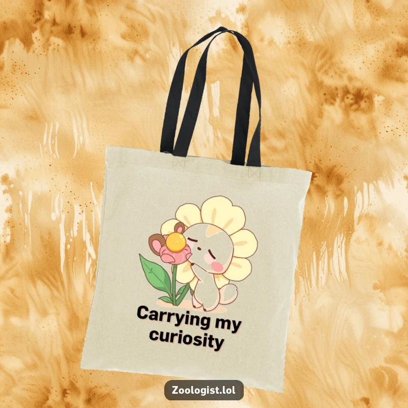Funny tote bag with a curious animal gently poking a large, sleepy flower, perfect for carrying items with a whimsical and humorous flair.