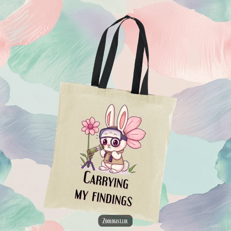 Funny Kawaii Rabbit Zoologist Tote Bag: A determined bunny zoologist examines a huge flower, perfect for carrying books and botanical treasures.