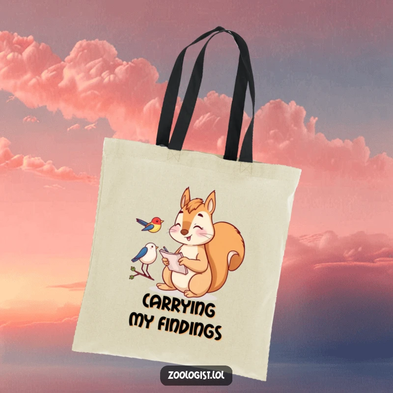 Funny Tote Bag: Happy squirrel taking notes while watching a bird, a charming accessory for birdwatchers and nature lovers.