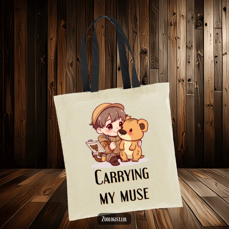 Funny character happily sketching an animal in a detailed field guide, printed on a durable tote bag for artists.