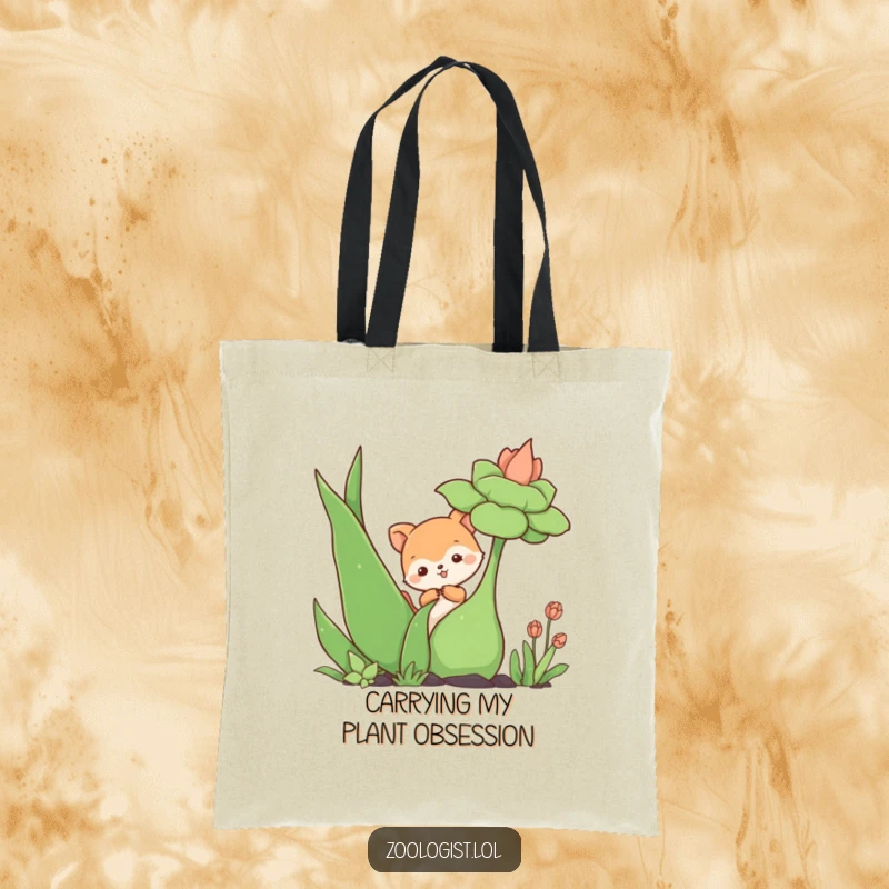 Funny tote bag designed with a cute animal character curiously touching a massive, lush plant, symbolizing wonder and a love for nature.