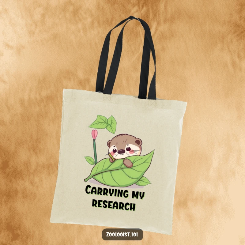 Funny tote bag with a curious otter meticulously annotating a giant leaf, a smart and whimsical accessory.