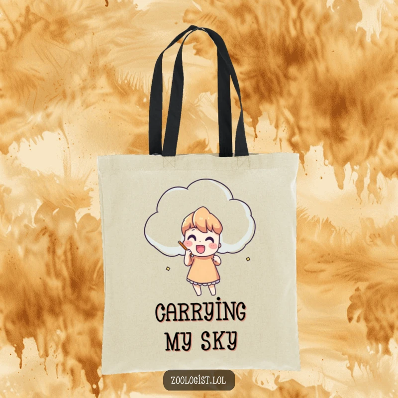 Funny tote bag with a character joyfully sketching a large, amusingly shaped cloud, great for carrying art supplies.