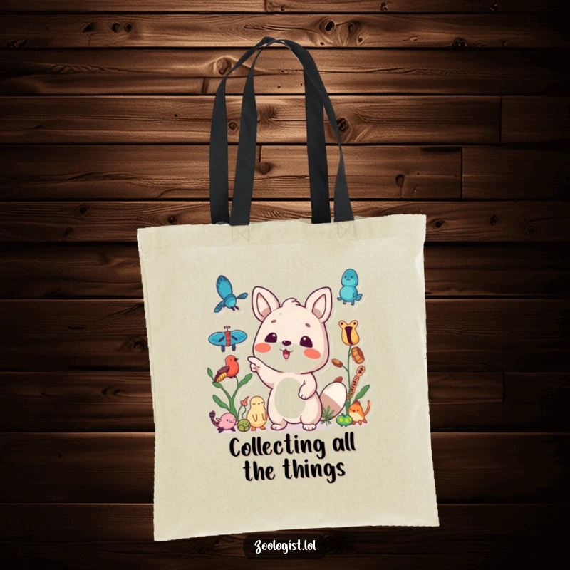 Funny tote bag showing a cute animal character excitedly pointing at a variety of interesting specimens, celebrating collecting hobbies.