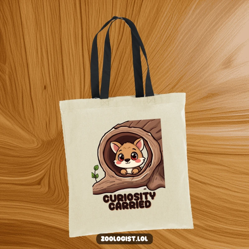 Funny tote bag with a curious animal character wide-eyed, looking into a hollow log, symbolizing discovery and humorous curiosity.