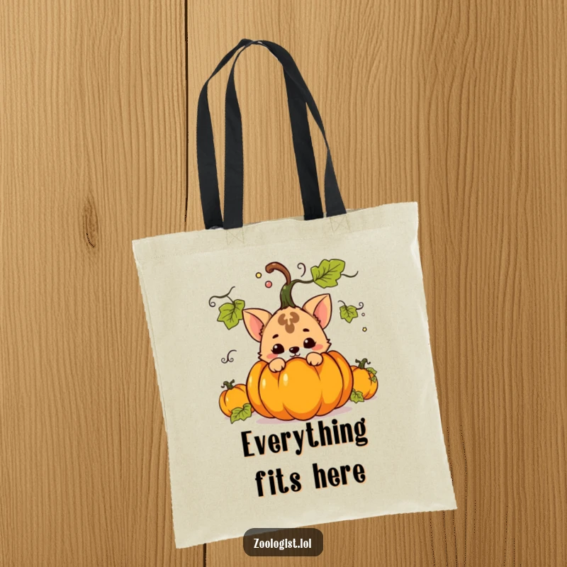 Funny tote bag showcasing a mischievous animal character peeking from behind a big potted plant, highlighting a humorous game of hide and seek.