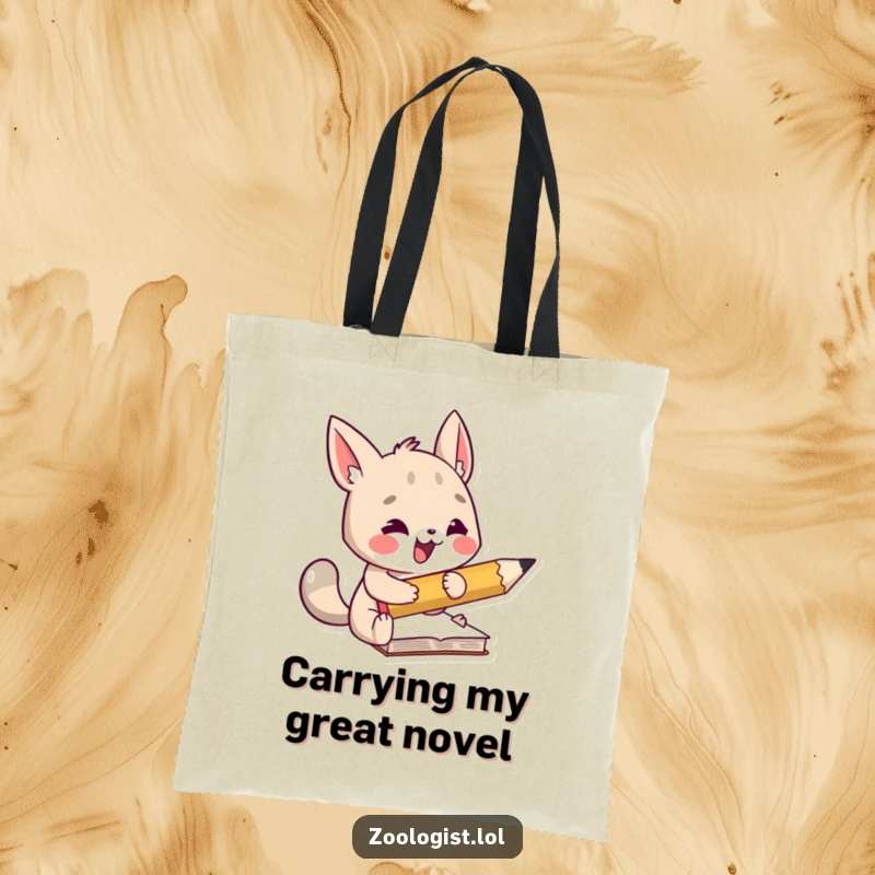 Funny tote bag illustrating an excited animal character taking notes with a comically large pencil, ideal for carrying books and supplies.