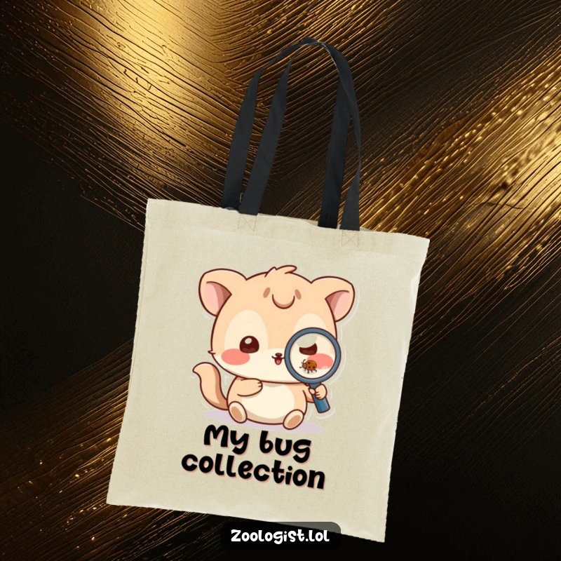 Funny Tote Bag: Playful animal character holding a magnifying glass, examining a small bug, great for carrying treasures.