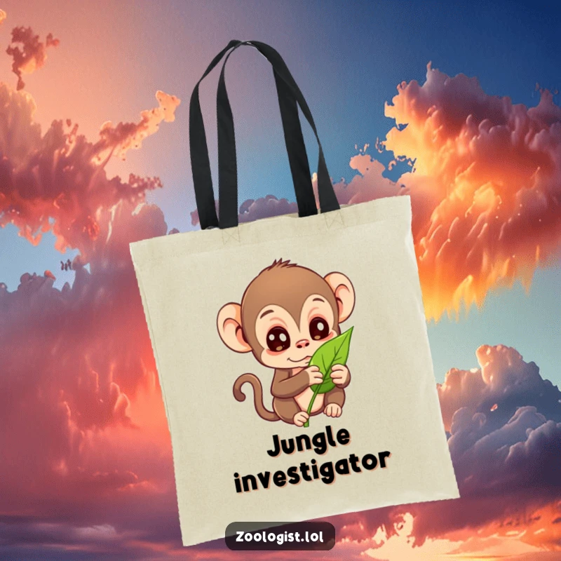 Funny tote bag with a curious monkey character examining a leaf, perfect for carrying outdoor gear humorously.
