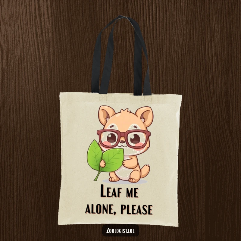Funny Tote Bag: A cute animal character with big glasses meticulously examines a leaf, perfect for carrying books or groceries.