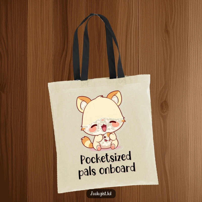 Funny tote bag with a cute animal character excitedly inspecting a minuscule creature, celebrating curiosity and the joy of discovery.