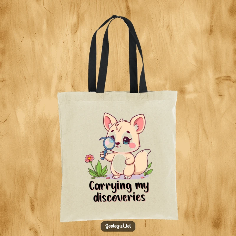 Funny tote bag showcasing a cute animal character holding a magnifying glass, proudly inspecting a detailed wildflower, perfect for carrying essentials.