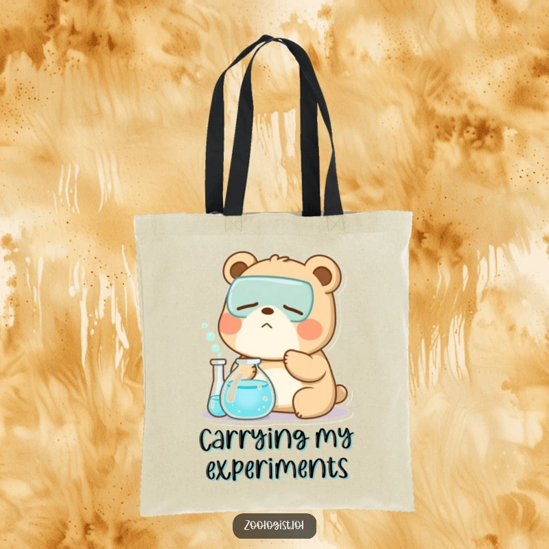 Funny Kawaii bear zoologist character yawning near a bubbling beaker, a humorous and functional tote bag for scientists.