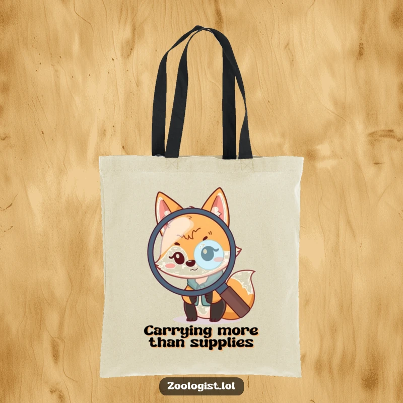 Funny Kawaii Fox Zoologist Tote Bag: A curious fox scientist peeks through a magnifying glass, perfect for funny, stylish carrying.
