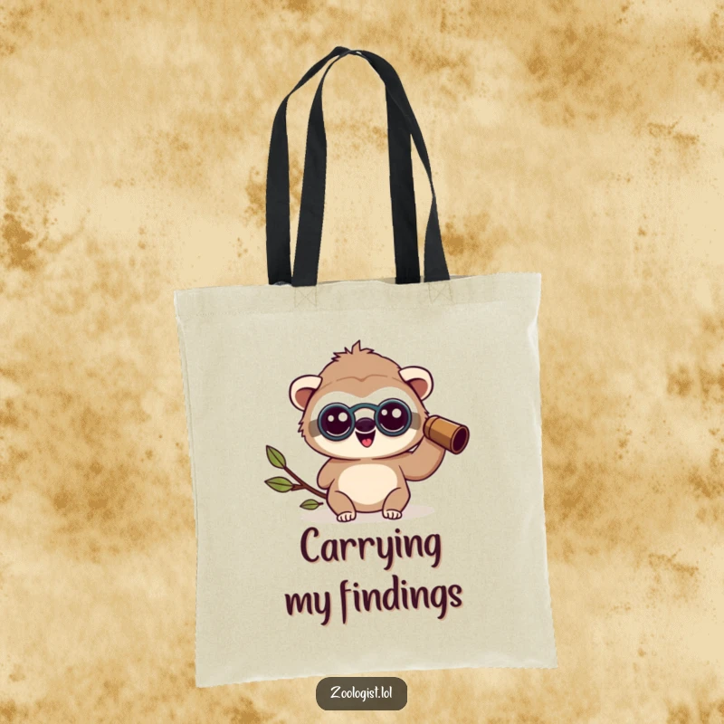 Funny happy Kawaii sloth zoologist character wearing binoculars, looking amazed, durable tote bag for explorers, funny gift.