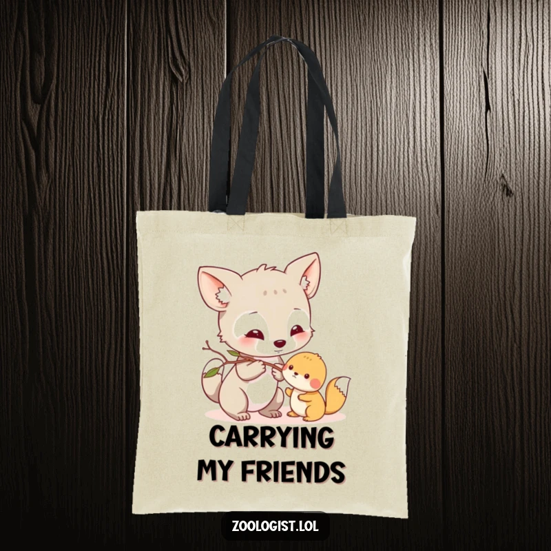 Funny Tote Bag: Curious animal character gently nudging a small creature with a twig, great for carrying thoughtful items.