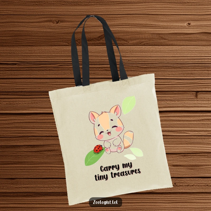 Funny tote bag featuring a cute animal character intently examining a ladybug on a leafy surface, exuding pure, delightful curiosity.