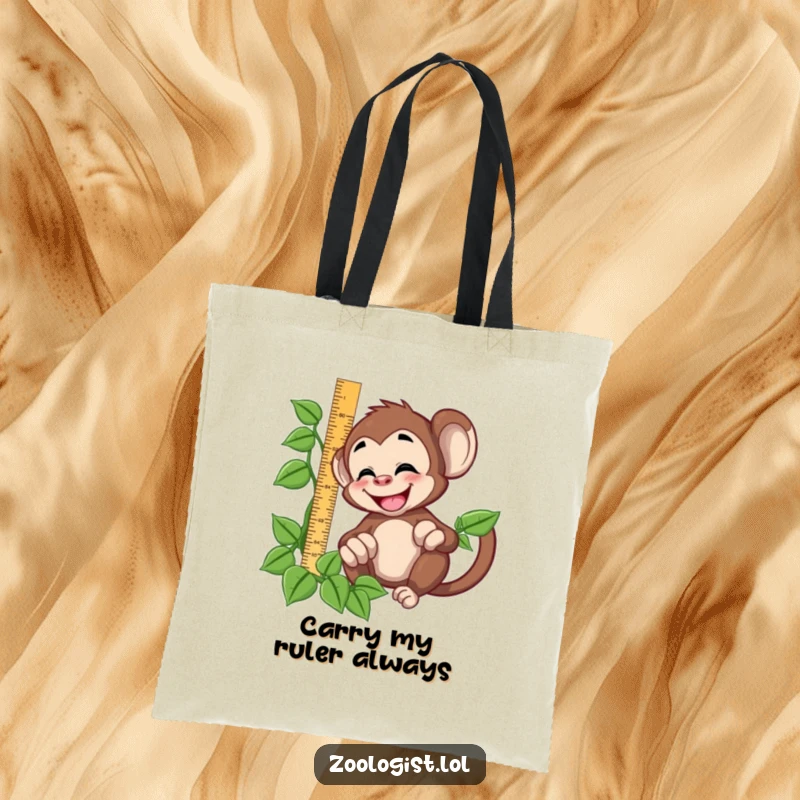 Funny giggling monkey character trying to measure a vine with a ruler, on a practical tote bag for jungle lovers.