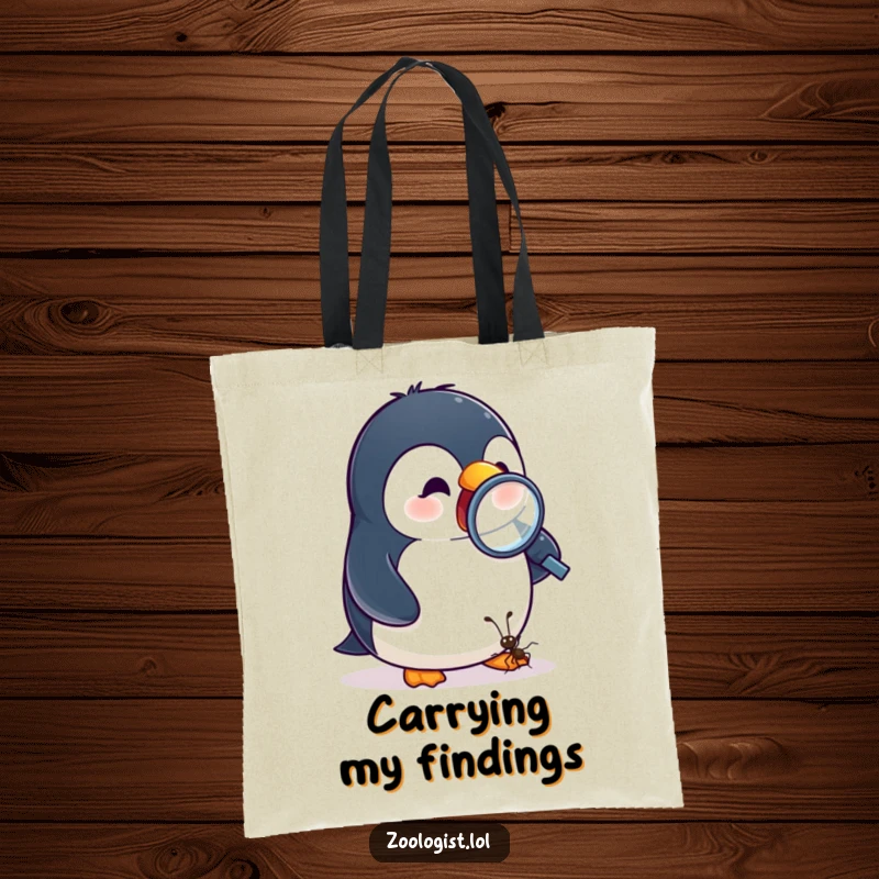 Funny tote bag with an excited penguin observing a tiny ant with a magnifying glass, a curious and practical accessory.