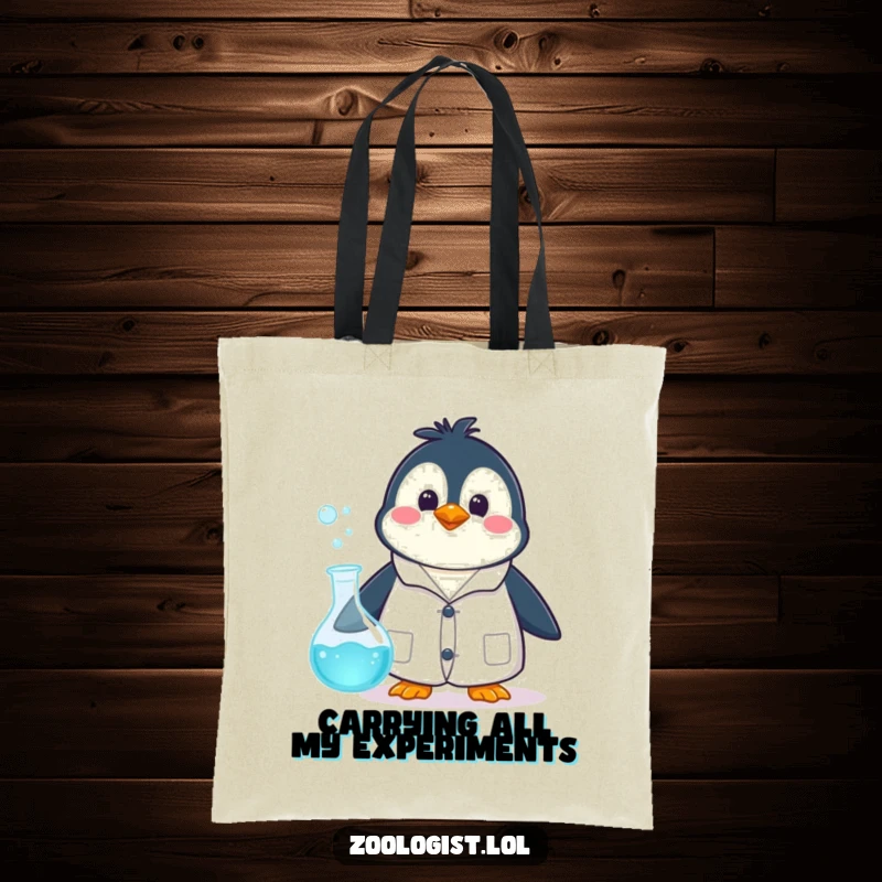 Funny happy penguin character in a lab coat, surprised by a bubbling beaker, on a practical tote bag for science lovers.