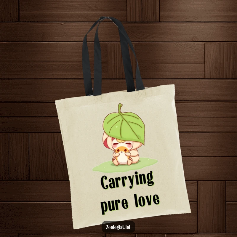 Funny character sheltering a small animal under a leaf, printed on a durable tote bag for kind souls.