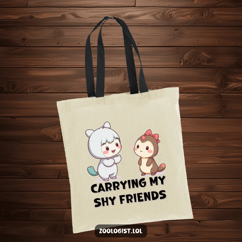Funny tote bag design of a character gently reaching out to a shy creature, symbolizing kindness and empathy.
