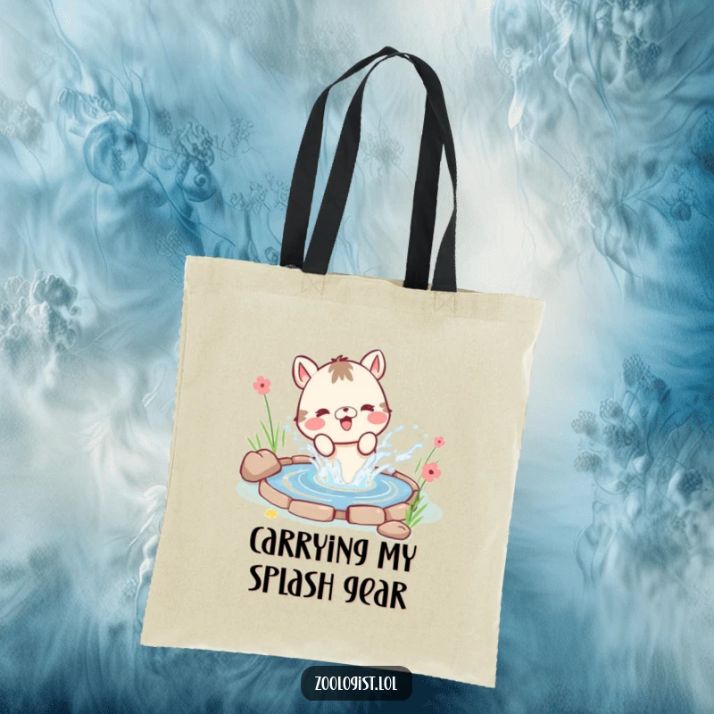 Funny tote bag showing a cute animal character gleefully splashing water from a small pond, scattering playful droplets everywhere.